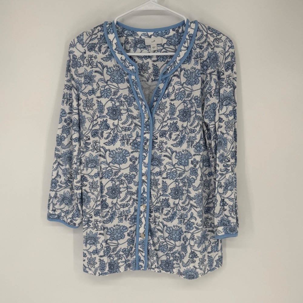 J Jill Blouse Small Womens White Blue Paisley Floral Cottagecore Boho Peasant